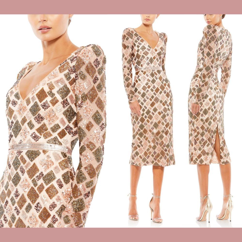NWT $498 Mac Duggal [ 14 ] 5472 Geo Embellished Midi Sheets‎ Dress Peach #J554